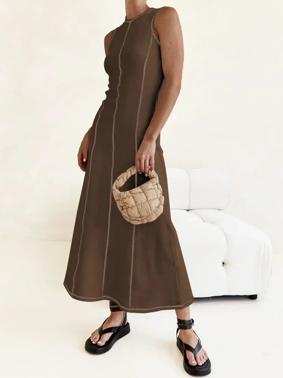 Contrast Stitching Round Neck Sleeveless Midi Dress - Trendsi - Flyclothing LLC