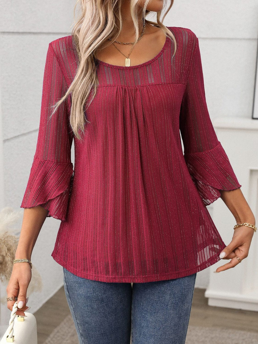 Round Neck Three-Quarter Sleeve Top - Trendsi