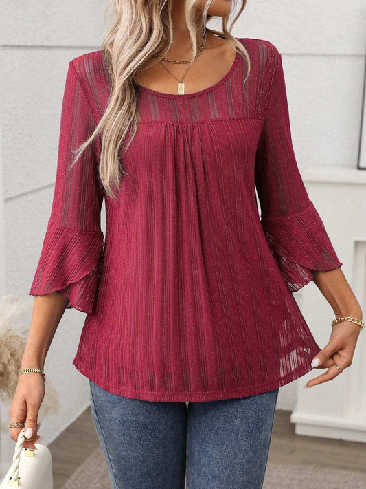 Round Neck Three-Quarter Sleeve Top - Trendsi - Flyclothing LLC
