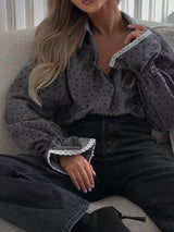 Heart Print Button Up Flounce Sleeve Shirt - Trendsi - Flyclothing LLC