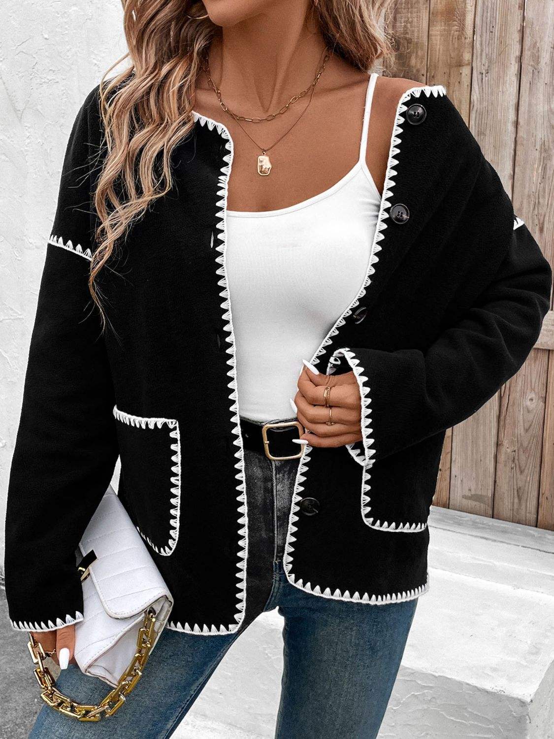 Perfee Pocketed Contrast Button Up Jacket - Trendsi - Flyclothing LLC