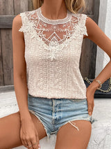 Lace Detail Eyelet Round Neck Tank - Trendsi - Flyclothing LLC