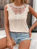 Lace Detail Eyelet Round Neck Tank - Trendsi