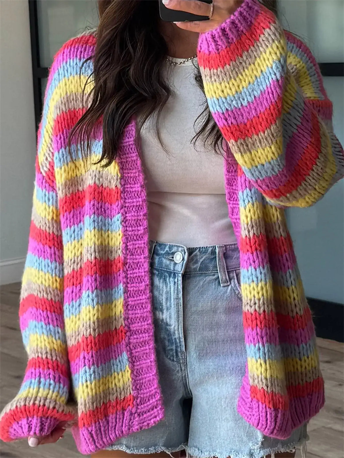 Multi-Color Striped Chunky Knit Open-Front Cardigan - Trendsi - Flyclothing LLC