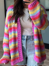 Multi-Color Striped Chunky Knit Open-Front Cardigan - Trendsi - Flyclothing LLC