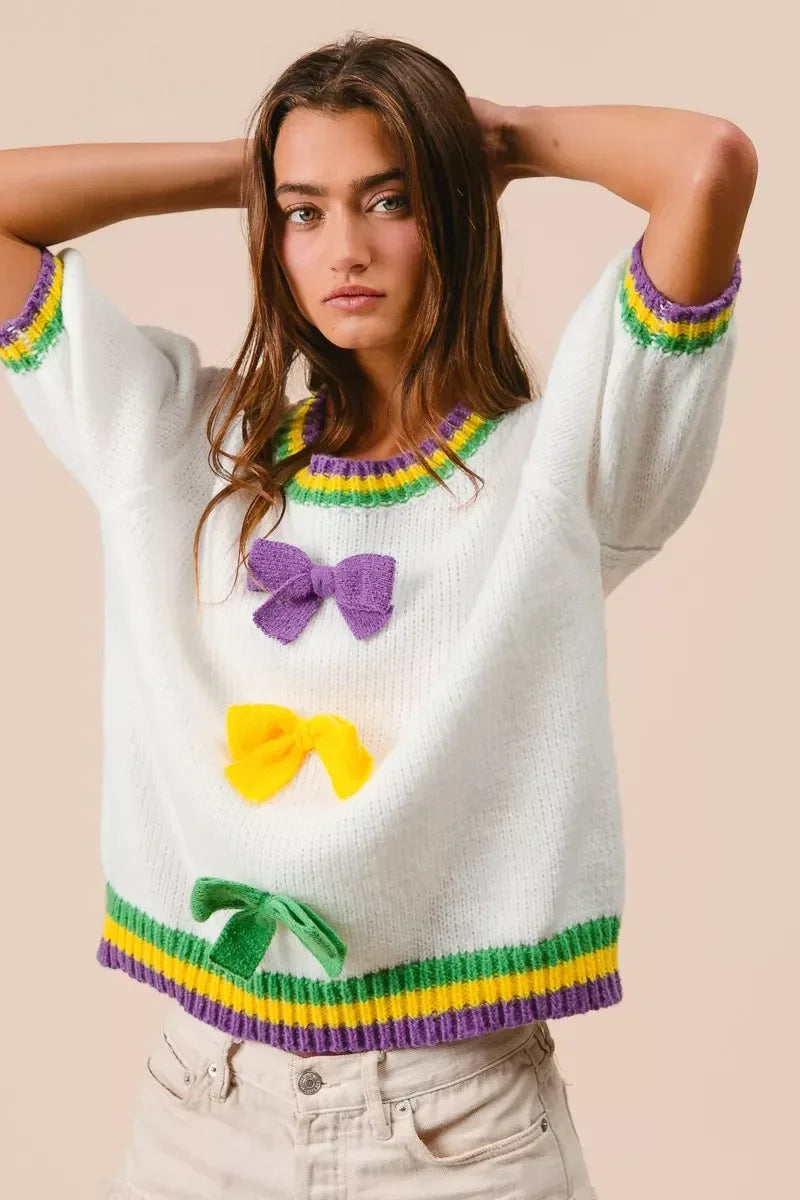 BiBi Short Puff Sleeve Ribbon Bow Mardi Gras Sweater - Trendsi - Flyclothing LLC