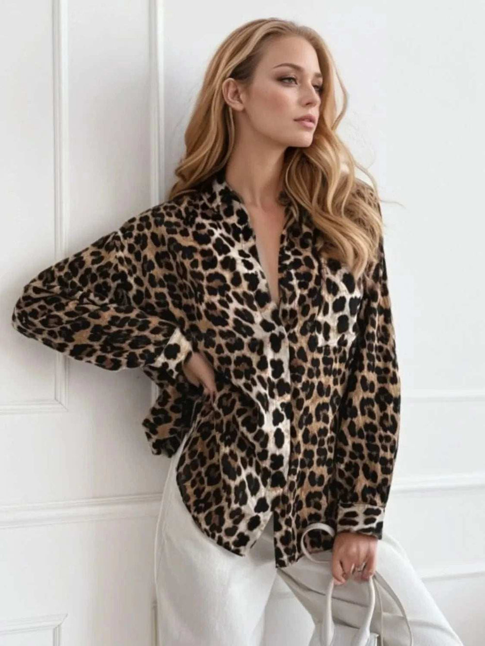 Leopard Collared Neck Long Sleeve Shirt - Trendsi - Flyclothing LLC