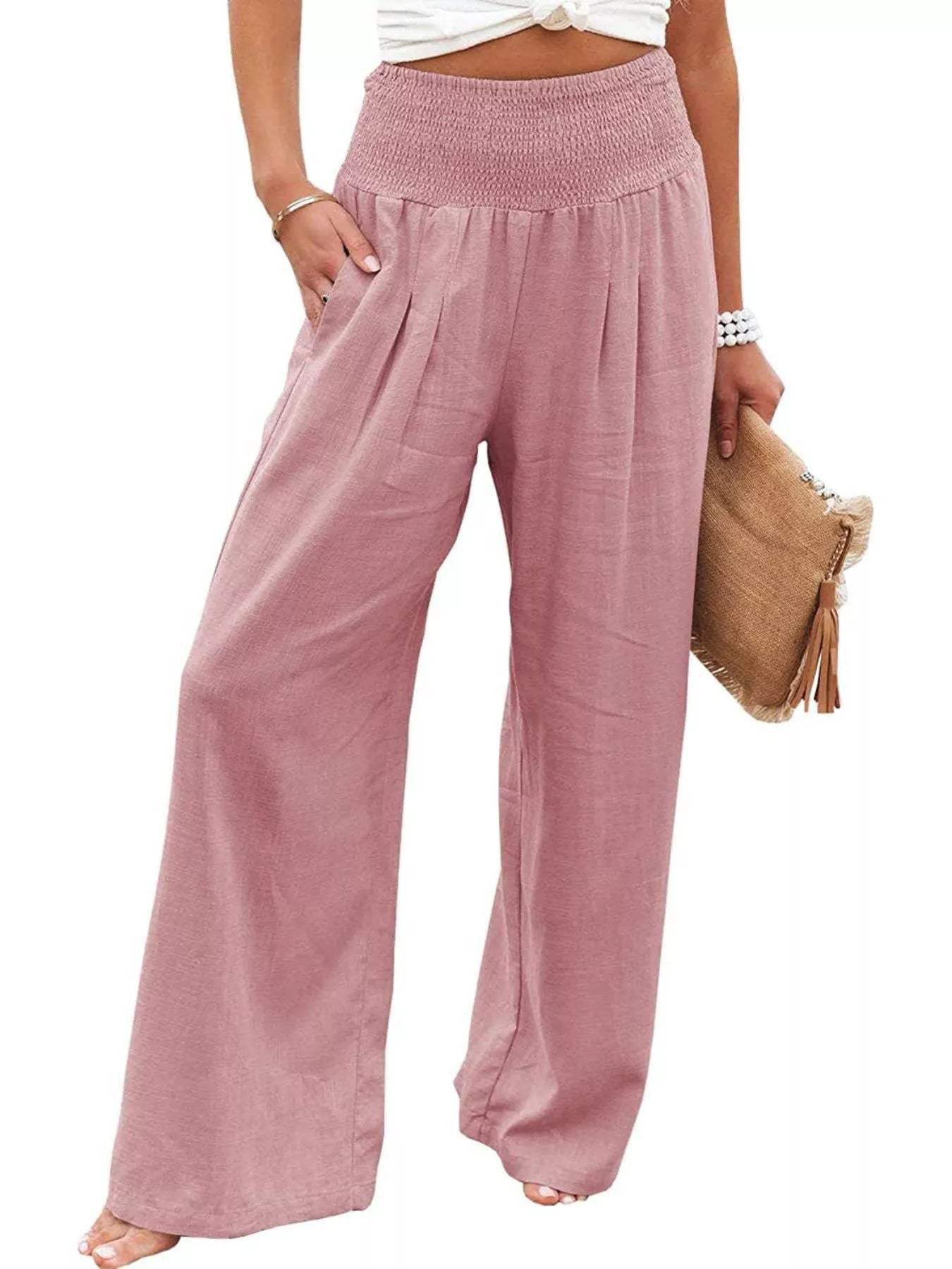 Smocked High Waisted Wide Leg Pants - Trendsi - Flyclothing LLC