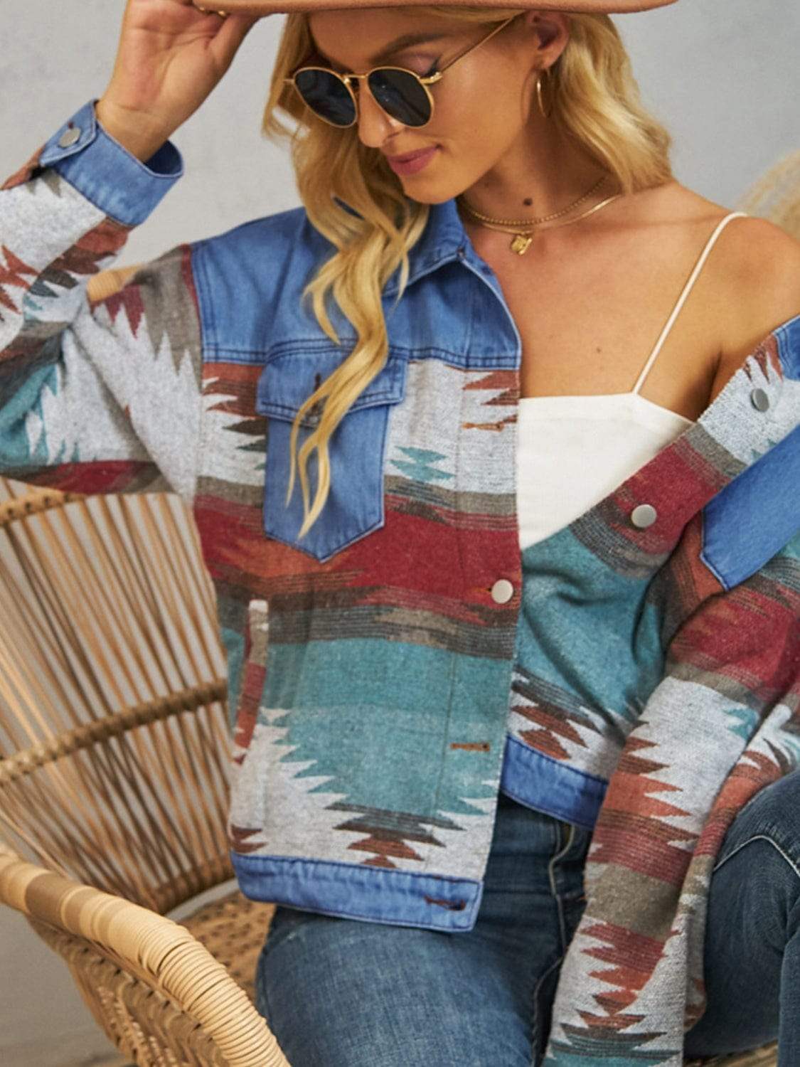 Geometric Button Up Dropped Shoulder Denim Jacket - Trendsi - Flyclothing LLC
