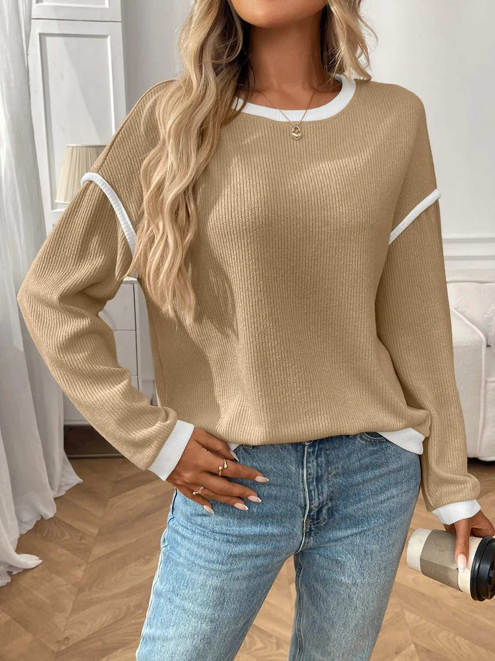 Ribbed Contrast Trim Long Sleeve Top - Trendsi - Flyclothing LLC