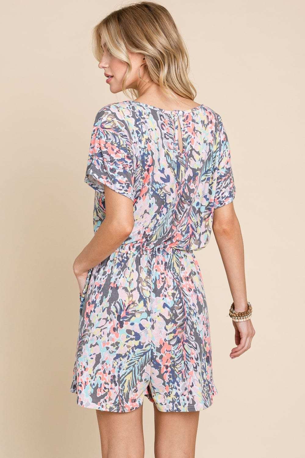 BOMBOM Printed Short Sleeve Drawstring Romper - Trendsi - Flyclothing LLC
