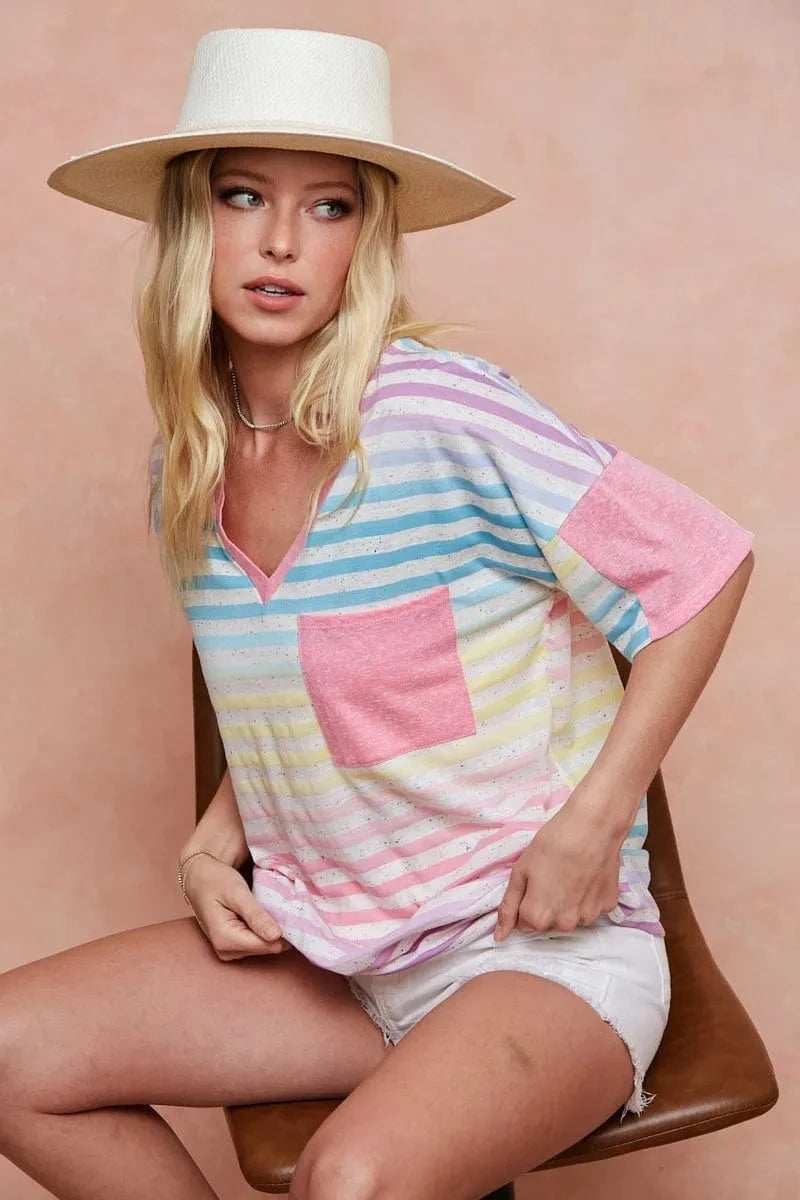 BiBi Rainbow Stripe Printed Triblend Knit Top - Trendsi - Flyclothing LLC