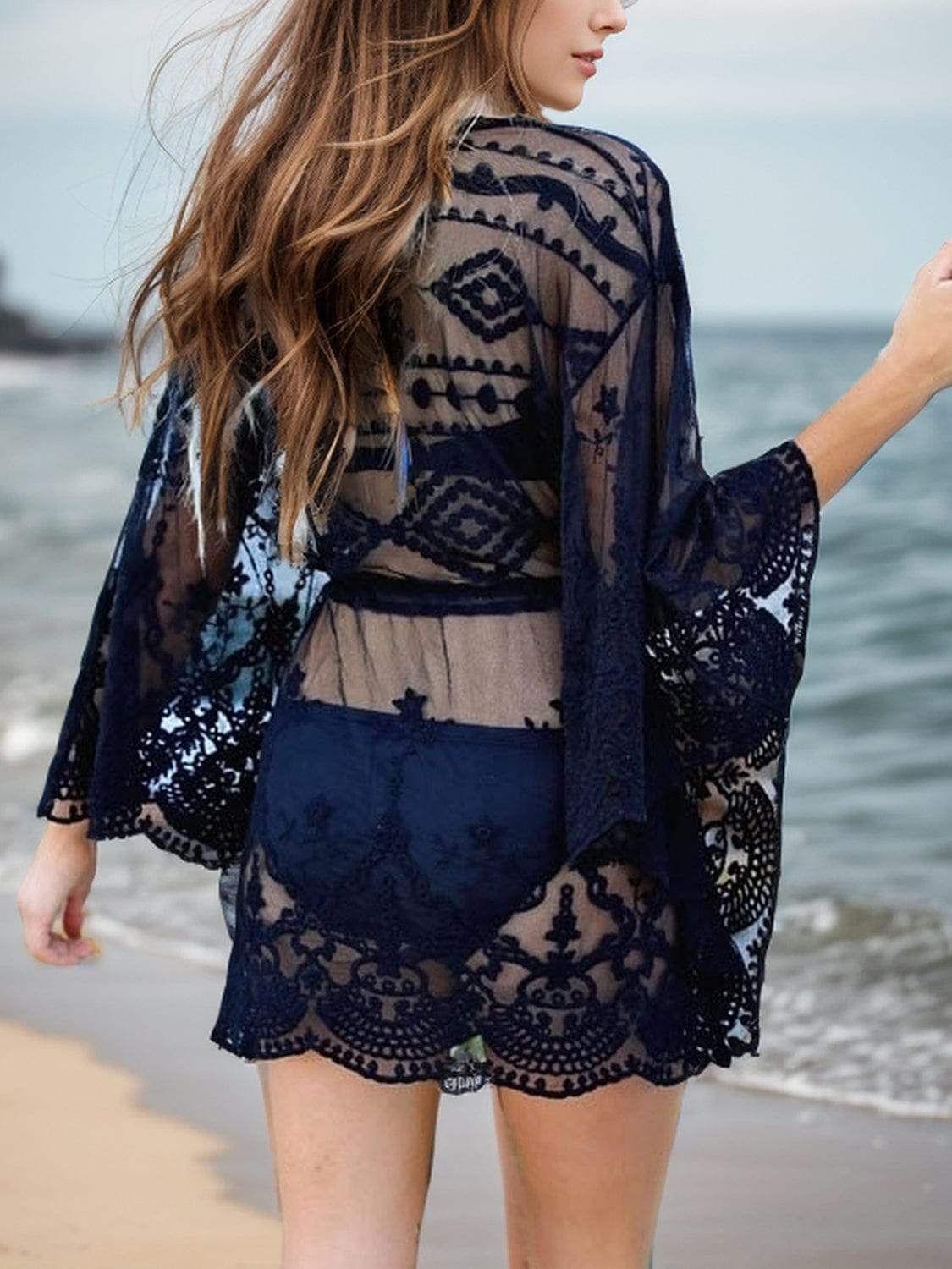 Lace V-Neck Three-Quarter Sleeve Cover Up - Trendsi - Flyclothing LLC