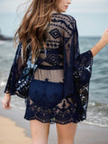 Lace V-Neck Three-Quarter Sleeve Cover Up - Trendsi