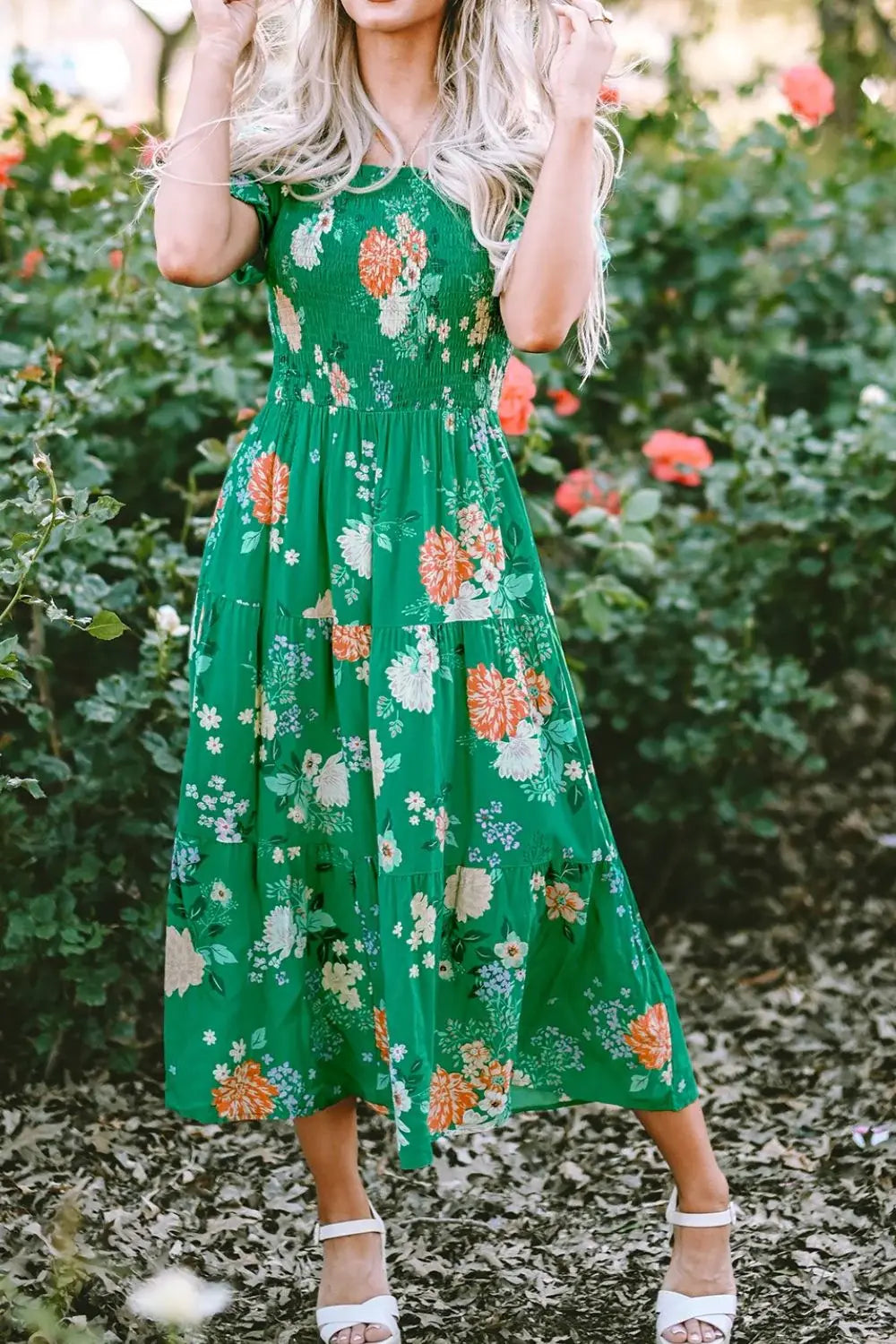 Floral Print Bubble Sleeve Smocked Tiered Midi Dress - Trendsi - Flyclothing LLC