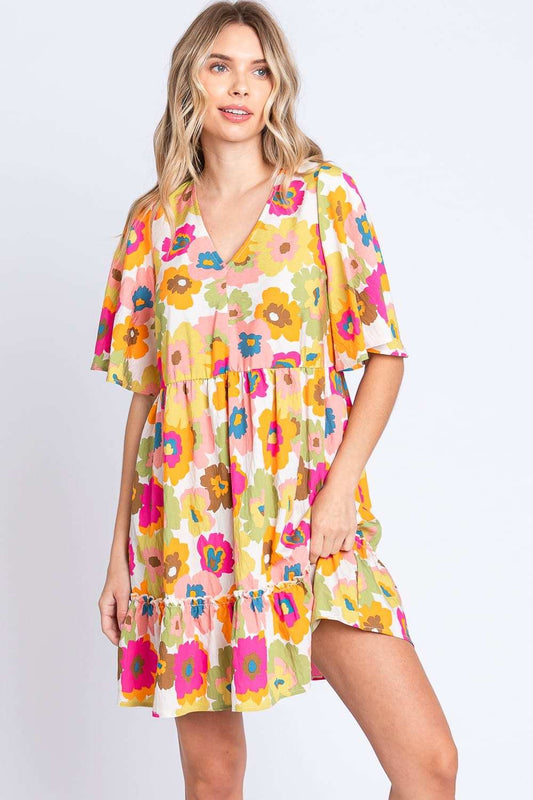 GeeGee Floral V-Neck Ruffle Hem Mini Dress - Trendsi - Flyclothing LLC