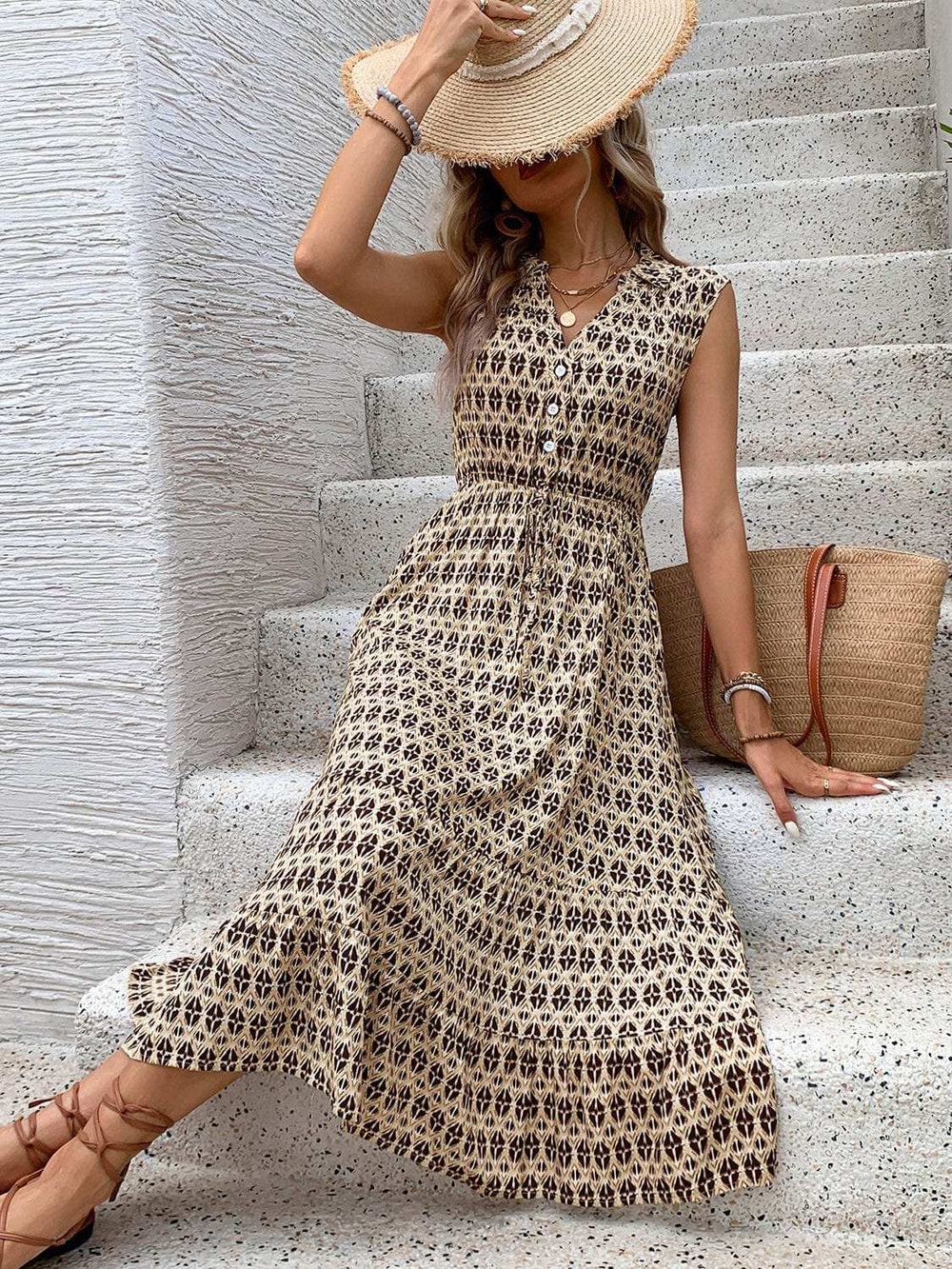 Printed Johnny Collar Midi Dress - Trendsi - Flyclothing LLC