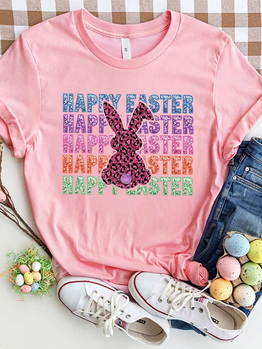 HAPPY EASTER Round Neck Short Sleeve T-Shirt - Trendsi - Flyclothing LLC