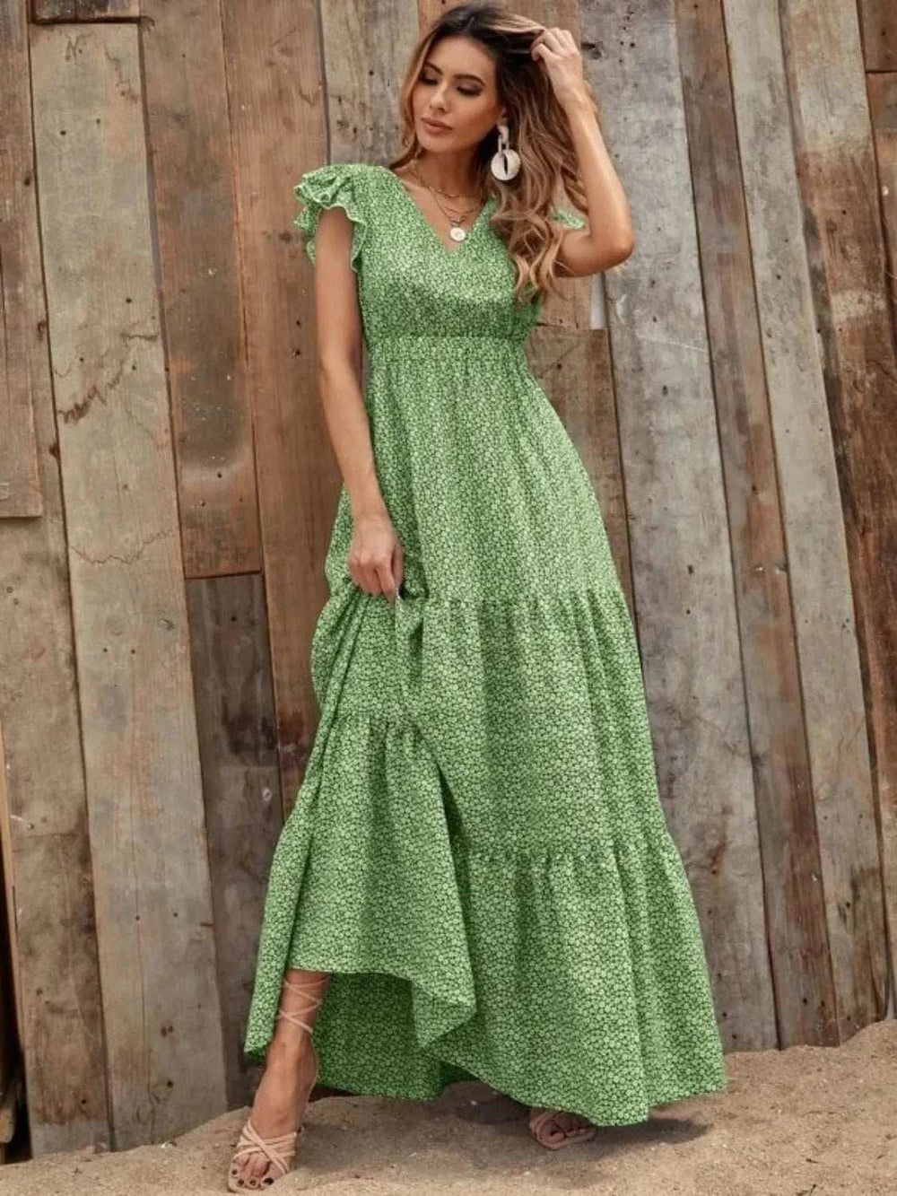 Printed V-Neck Ruffled Cap Sleeve Maxi Dress - Trendsi - Flyclothing LLC
