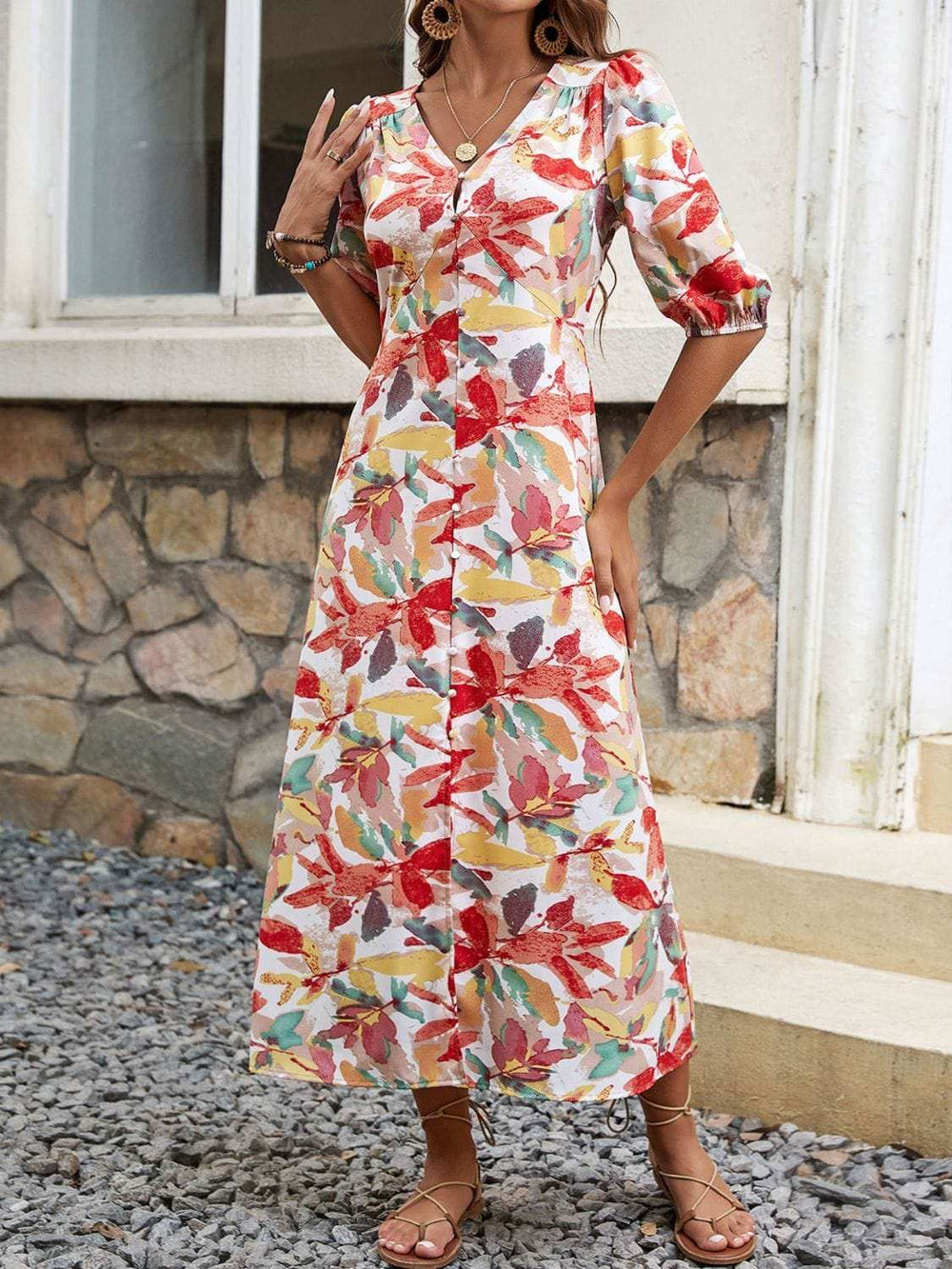 Printed V-Neck Half Sleeve Midi Dress - Trendsi - Flyclothing LLC