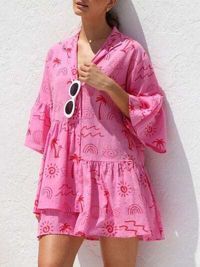 Button Detail Ruffled Hem Printed Mini Dress - Trendsi - Flyclothing LLC