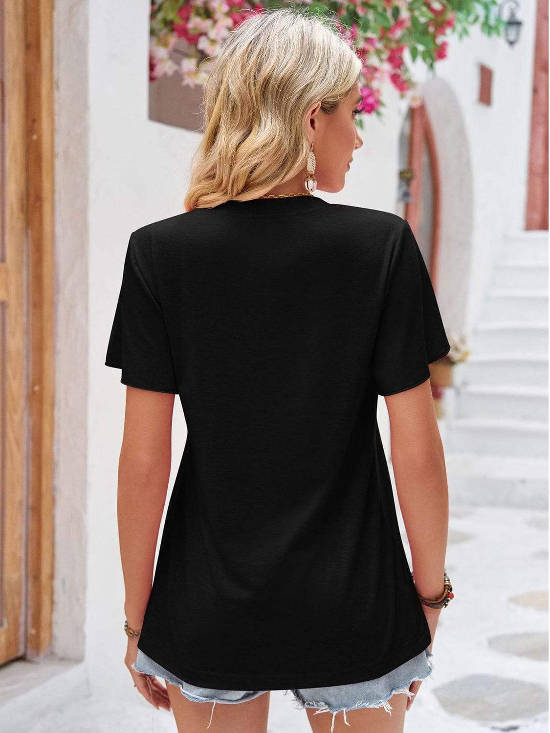 Double Take Ruched V-Neck Short Sleeve T-Shirt - Trendsi - Flyclothing LLC