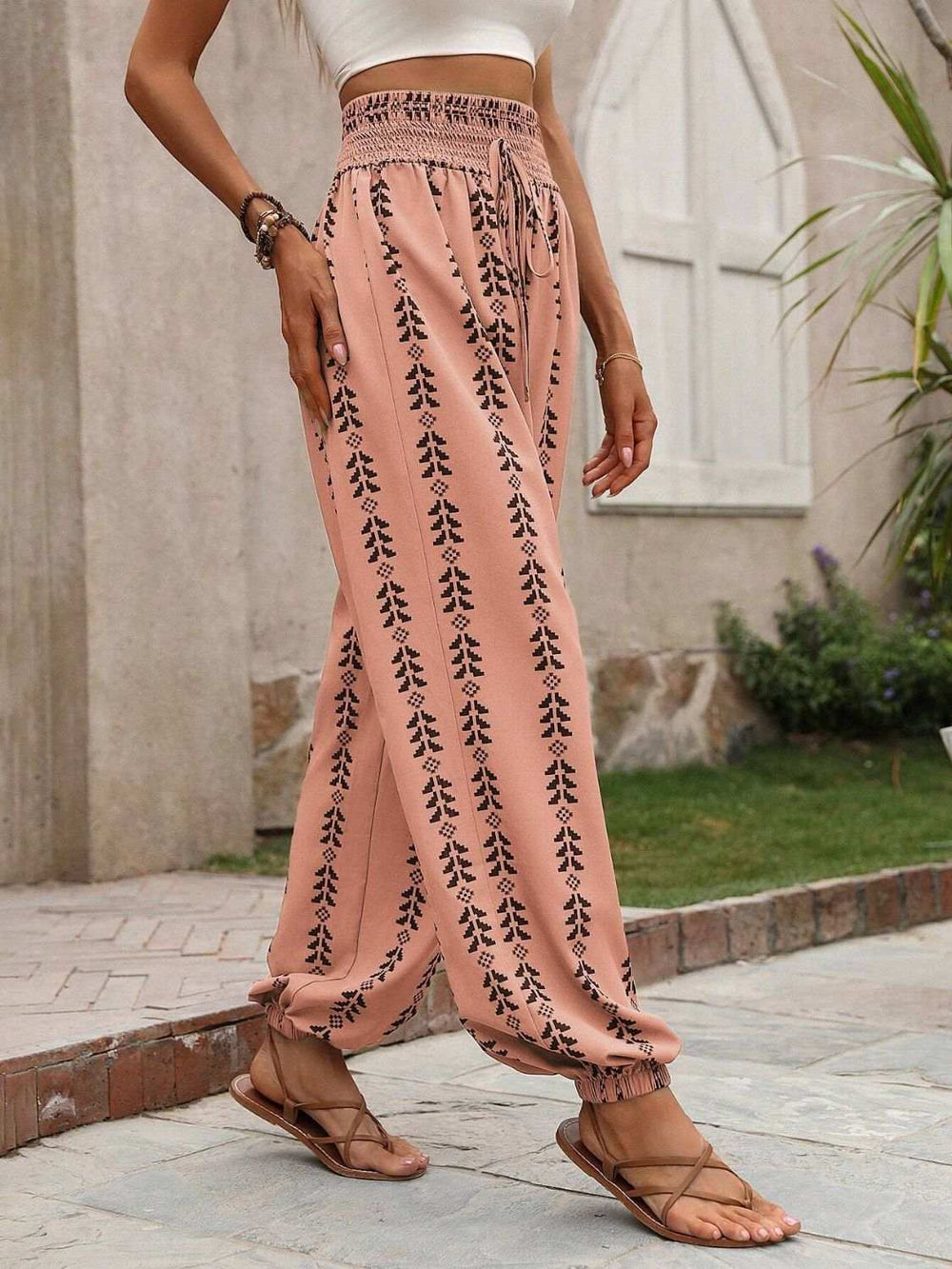 Tied Printed High Waist Pants - Trendsi - Flyclothing LLC