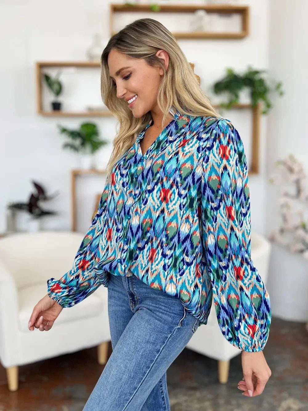 Double Take Full Size Printed Balloon Sleeve Blouse - Trendsi - Flyclothing LLC