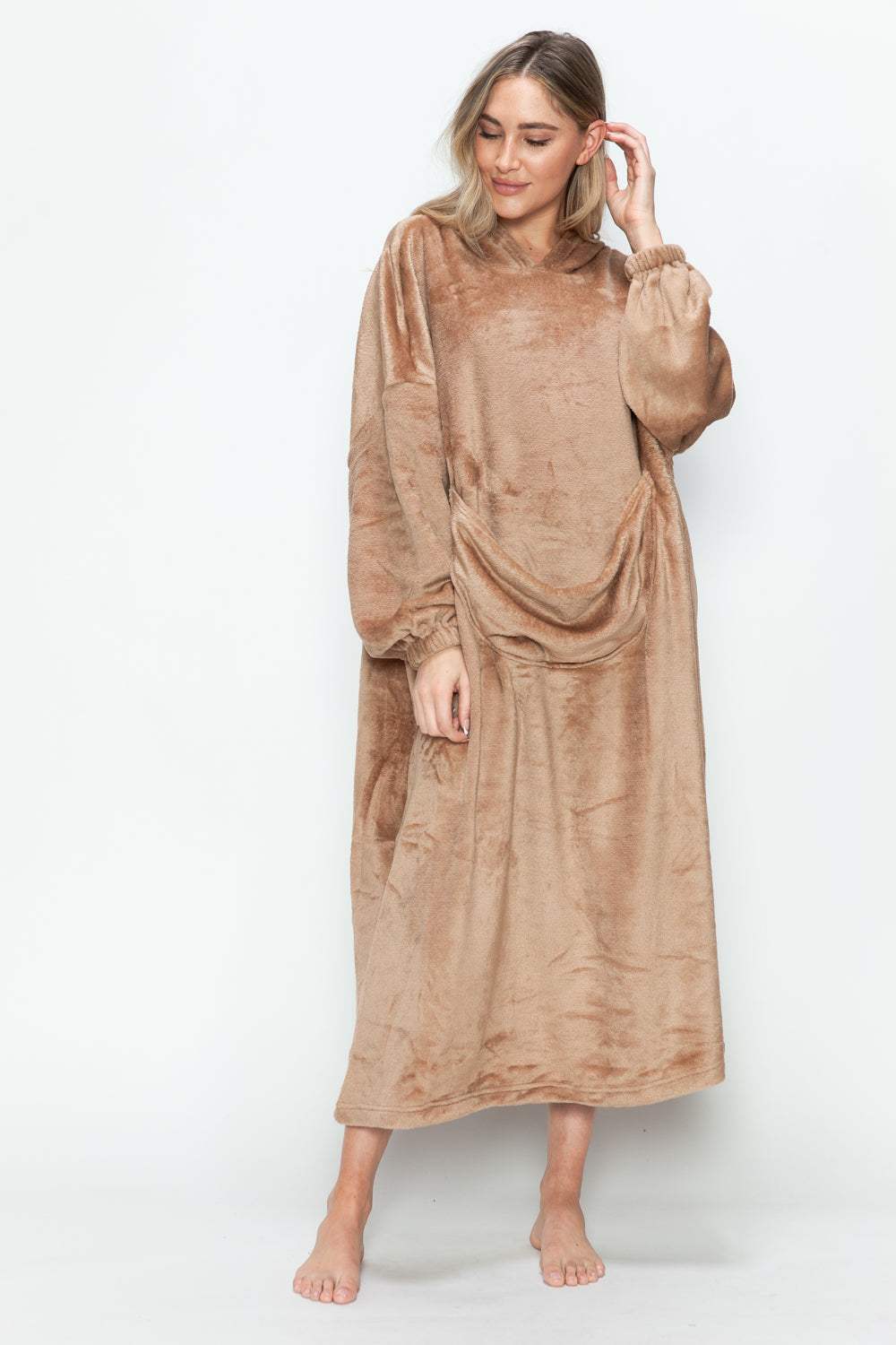 Double Take Full Size Pocketed Hooded Midi Lounge Dress - Trendsi - Flyclothing LLC