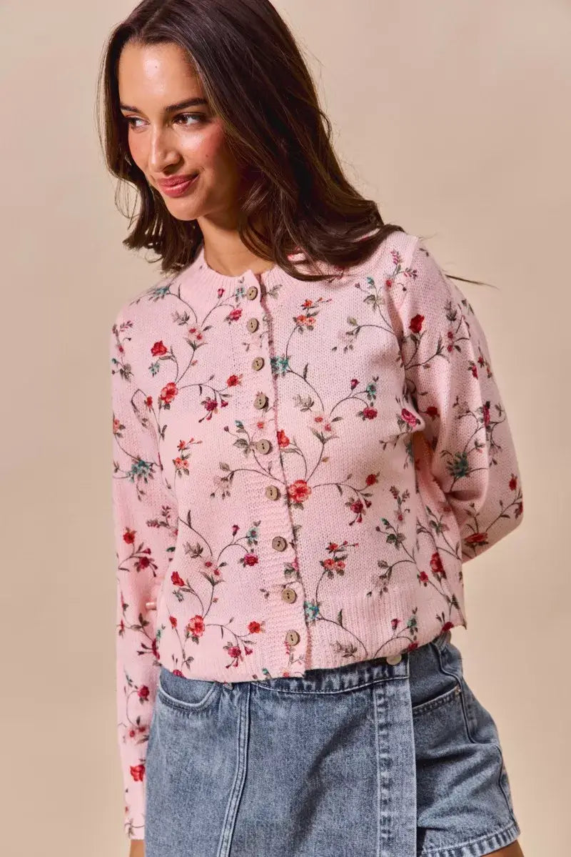 SO ME Floral Print Button Front Sweater Cardigan Top - Trendsi - Flyclothing LLC