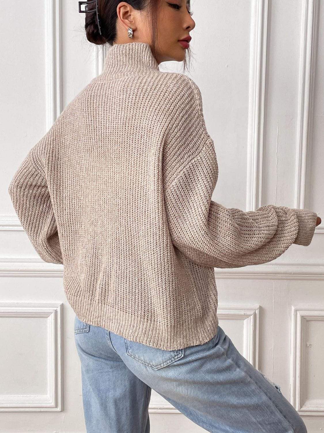Heart Turtleneck Dropped Shoulder Long Sleeve Sweater - Trendsi - Flyclothing LLC