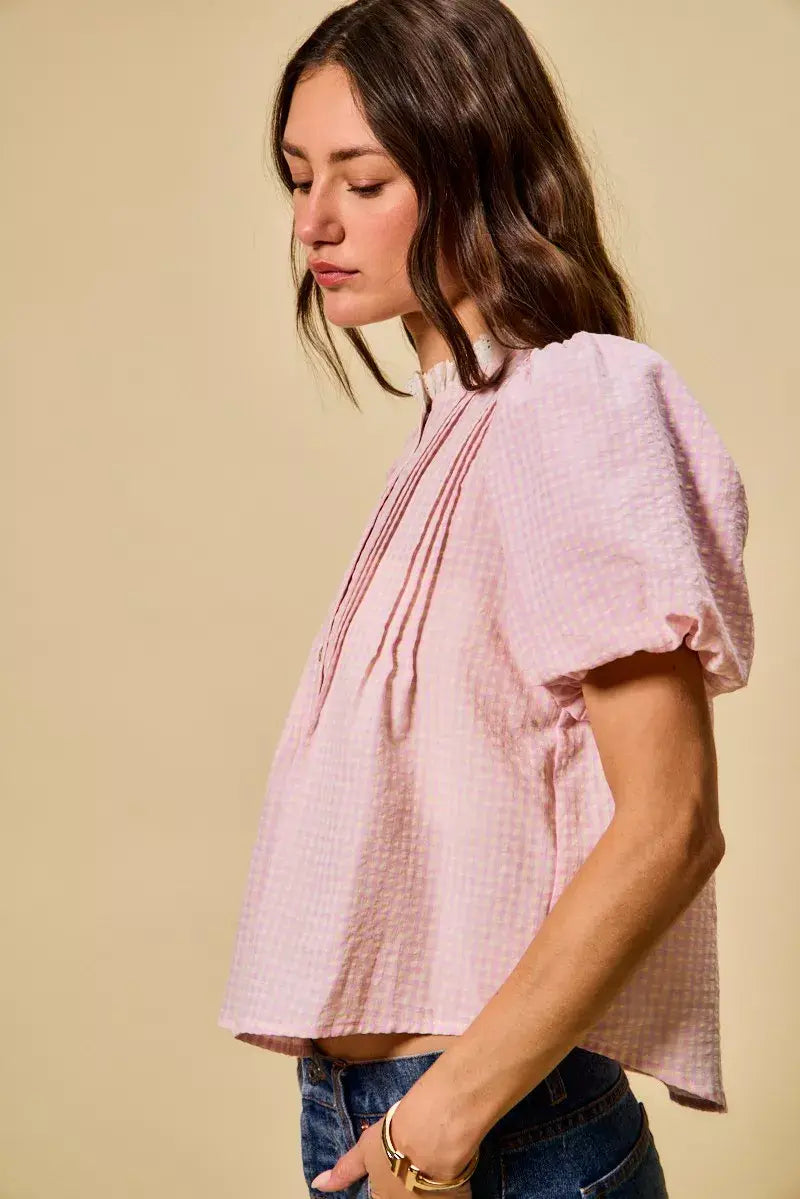 SO ME Gingham Lace Trim Button Bubble Sleeves Blouse - Trendsi - Flyclothing LLC