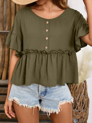 Frill Decorative Button Round Neck Half Sleeve Blouse - Trendsi