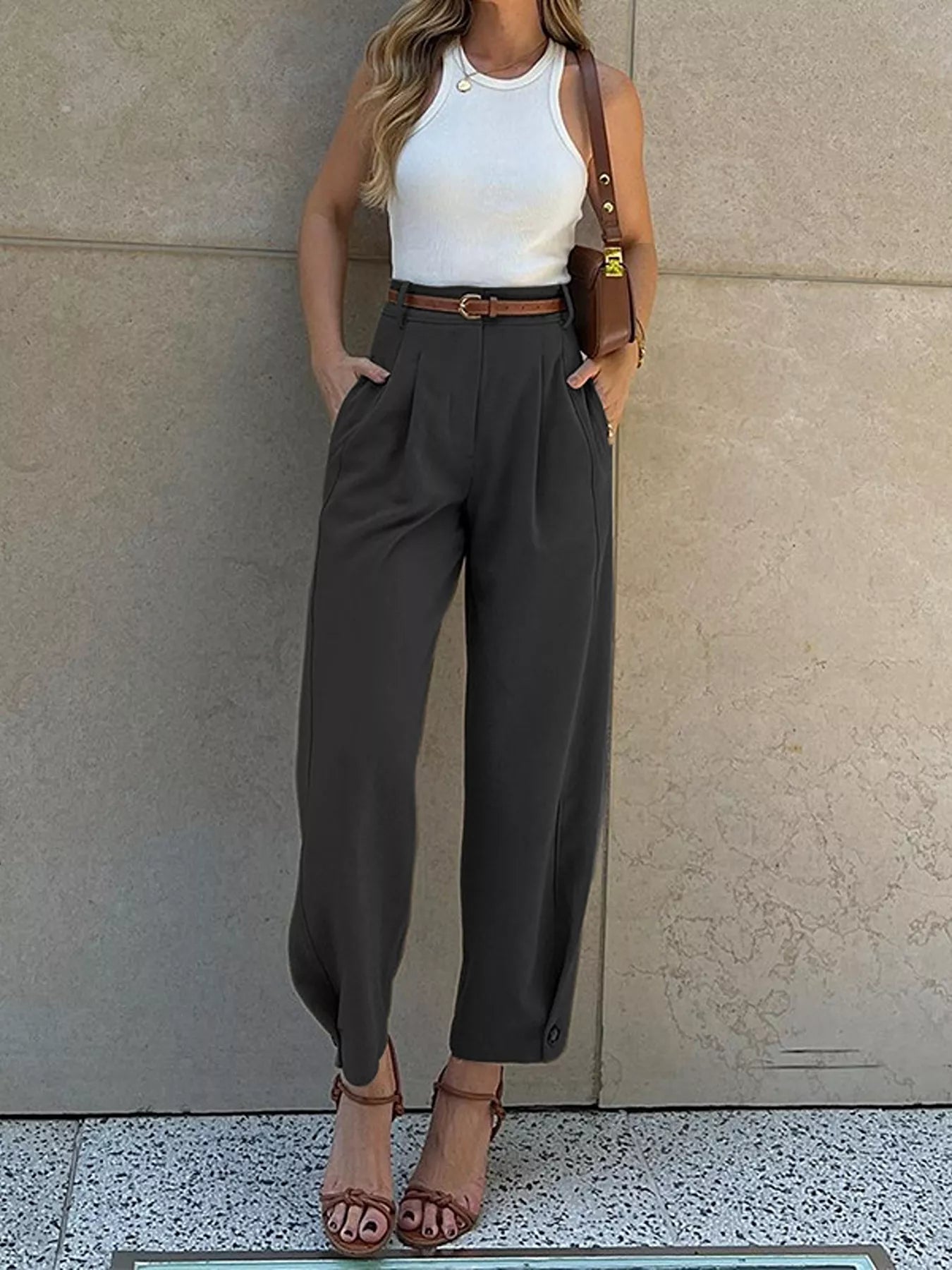High-Waisted Pleated Pants - Trendsi - Flyclothing LLC