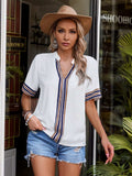 Contrast Stripes Notched Short Sleeve Blouse - Trendsi - Flyclothing LLC