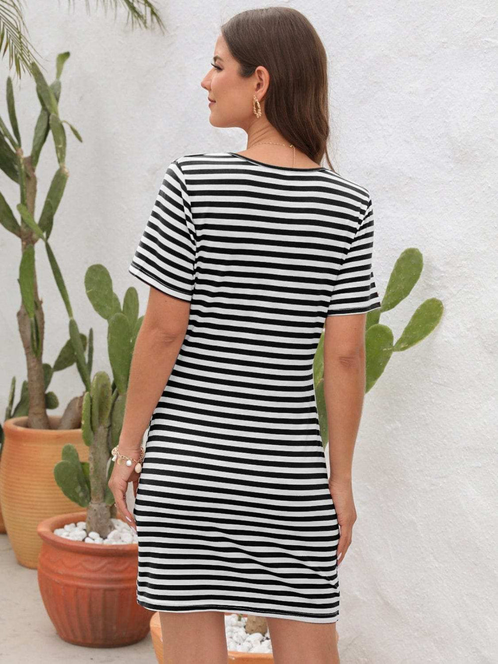 Cutout Striped Round Neck Short Sleeve Dress - Trendsi - Flyclothing LLC