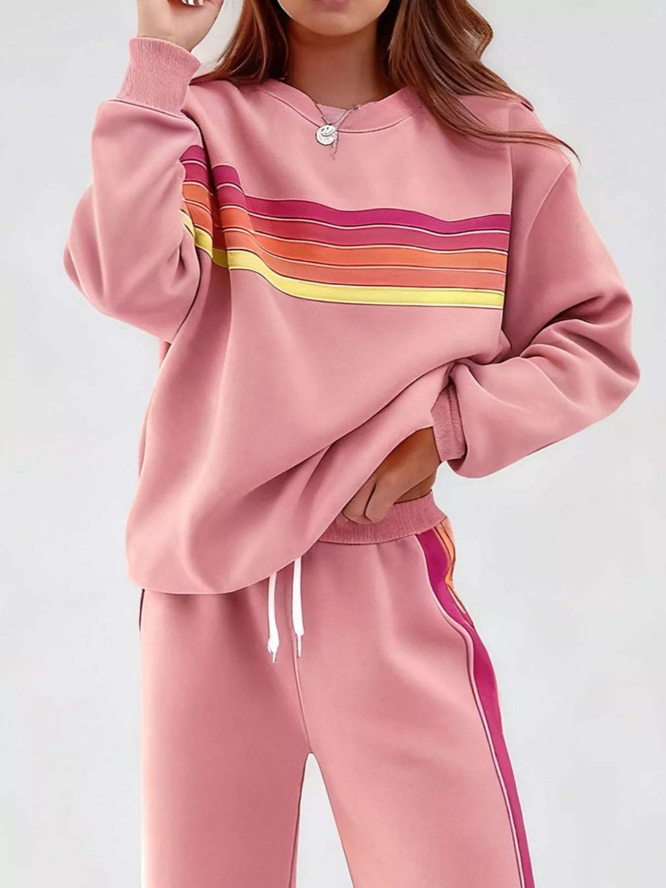 Striped Round Neck Sweatshirt and Pants Set - Trendsi - Flyclothing LLC