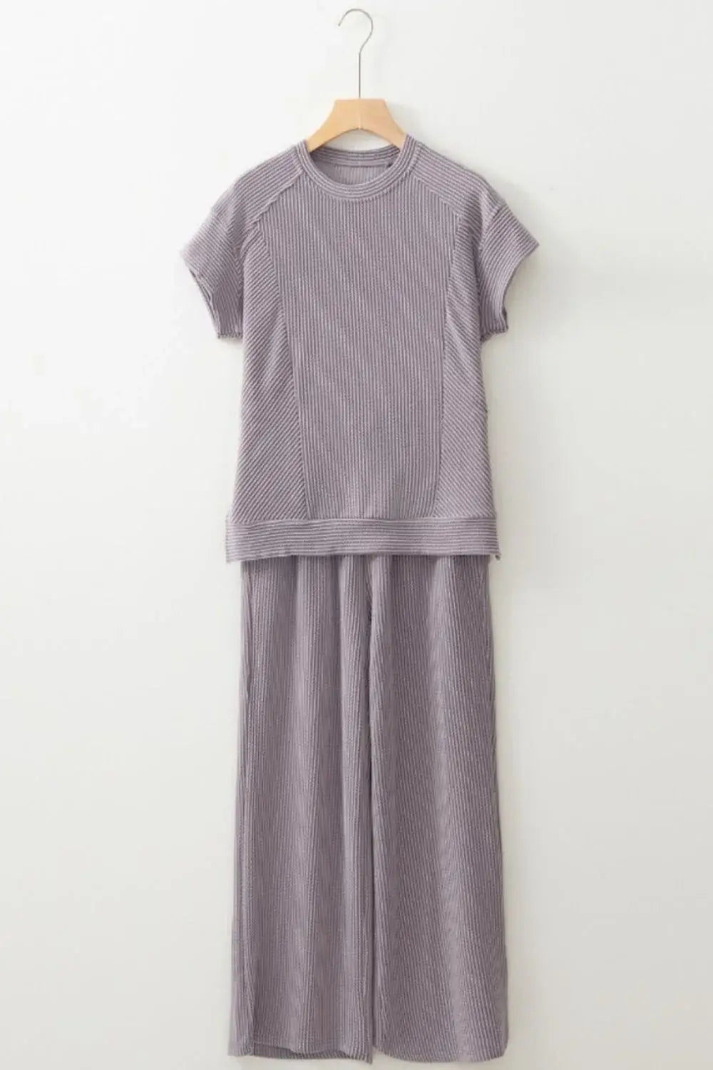Corded Knit Short Sleeve T-Shirt and Wide Leg Pants Set - Trendsi - Flyclothing LLC