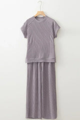 Corded Knit Short Sleeve T-Shirt and Wide Leg Pants Set - Trendsi - Flyclothing LLC