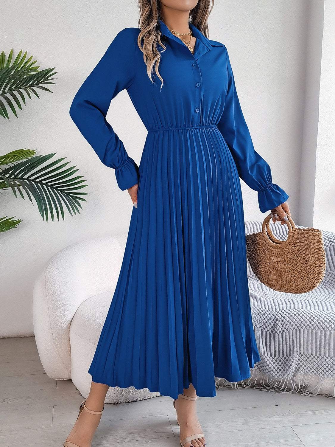 Pleated Half Button Long Sleeve Midi Dress - Trendsi - Flyclothing LLC