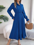 Pleated Half Button Long Sleeve Midi Dress - Trendsi - Flyclothing LLC