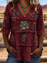 Full Size Floral Raw Hem V-Neck Blouse Plus Size - Trendsi - Flyclothing LLC