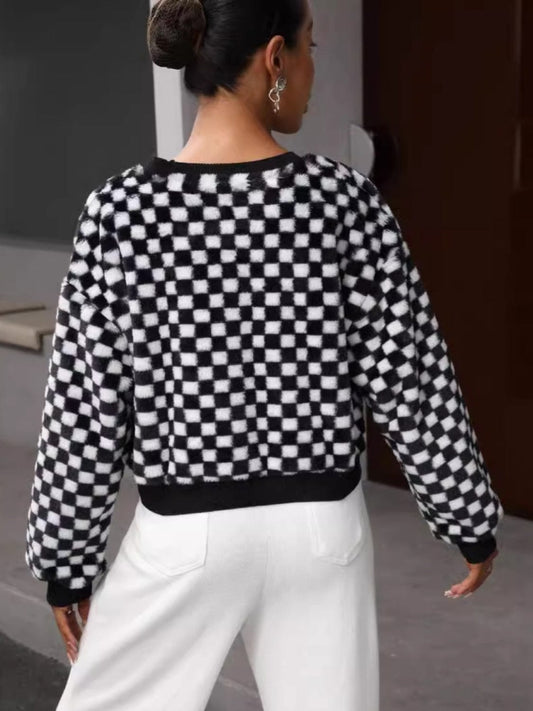 Plaid Round Neck Long Sleeve Sweatshirt - Trendsi