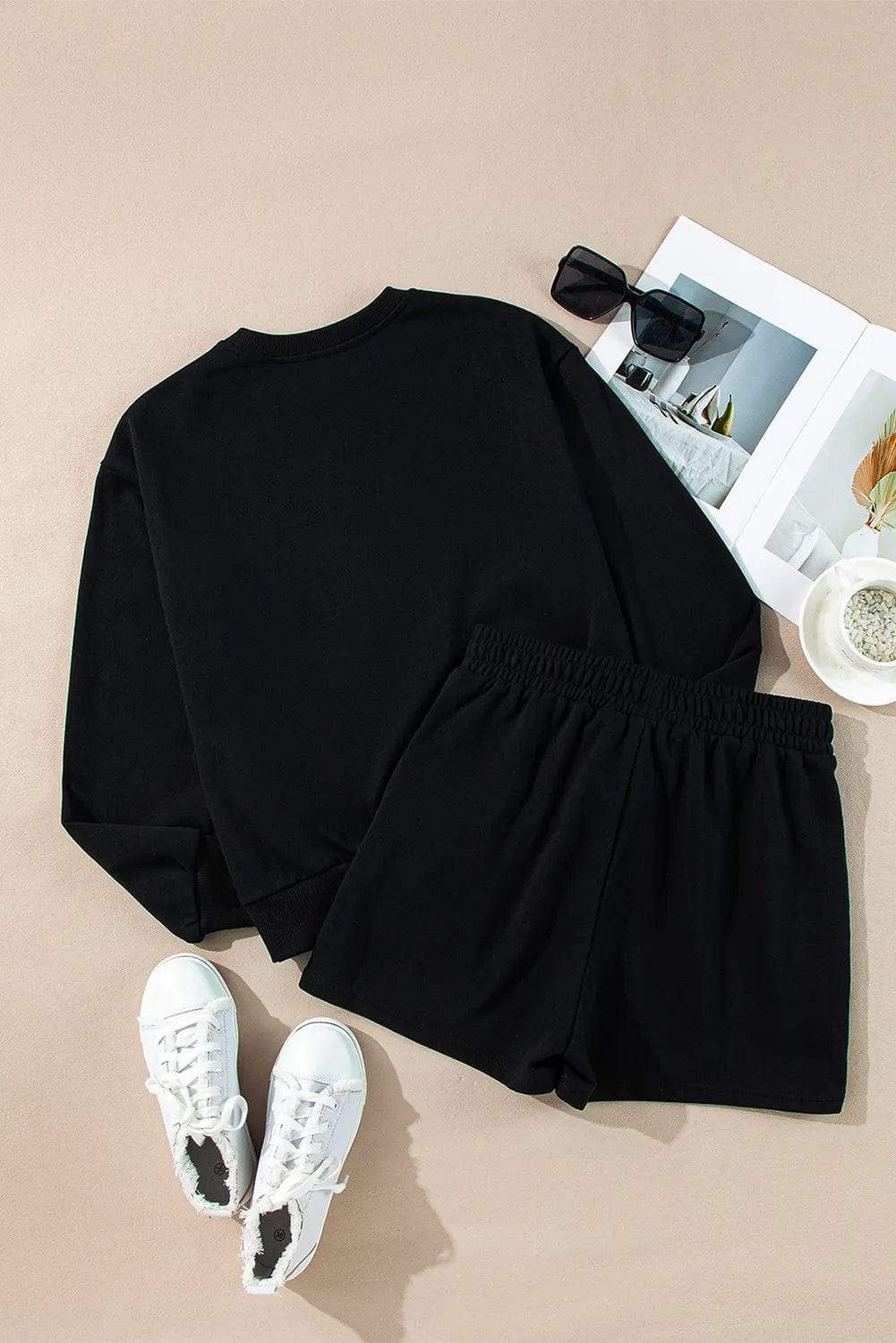 MERRY Sequin Round Neck Long Sleeve Top and Shorts Set - Trendsi - Flyclothing LLC