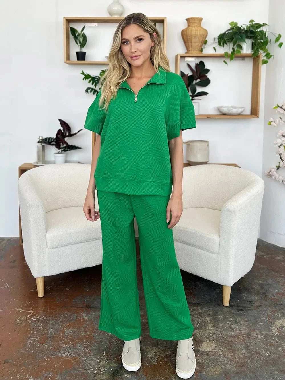Double Take Full Size Texture Half Zip Short Sleeve Top and Pants Set - Trendsi - Flyclothing LLC