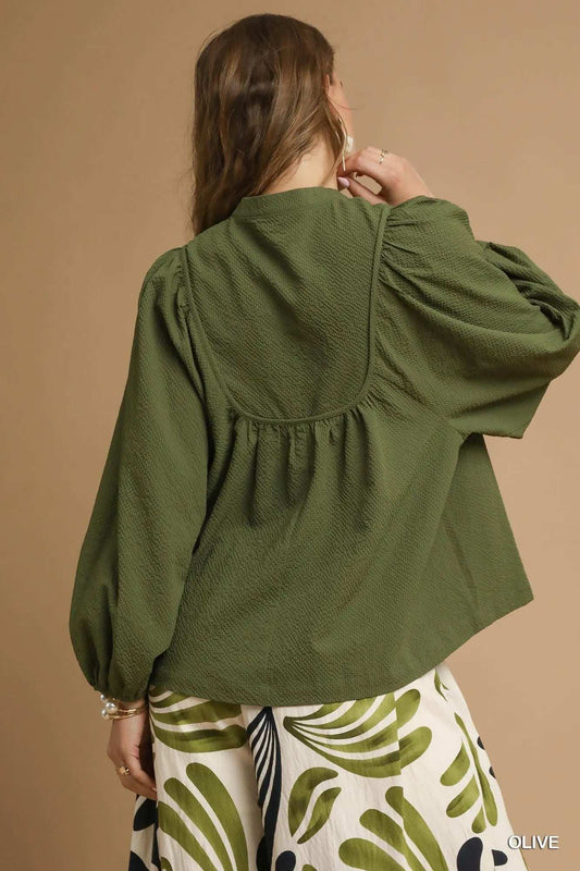 Umgee Textured Notched Blouse with Balloon Sleeves - Trendsi - Flyclothing LLC