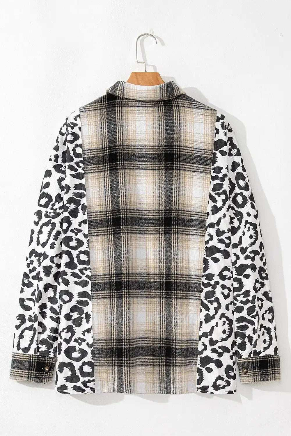Plus Size Leopard Plaid Button Up Long Sleeve Shacket - Trendsi - Flyclothing LLC