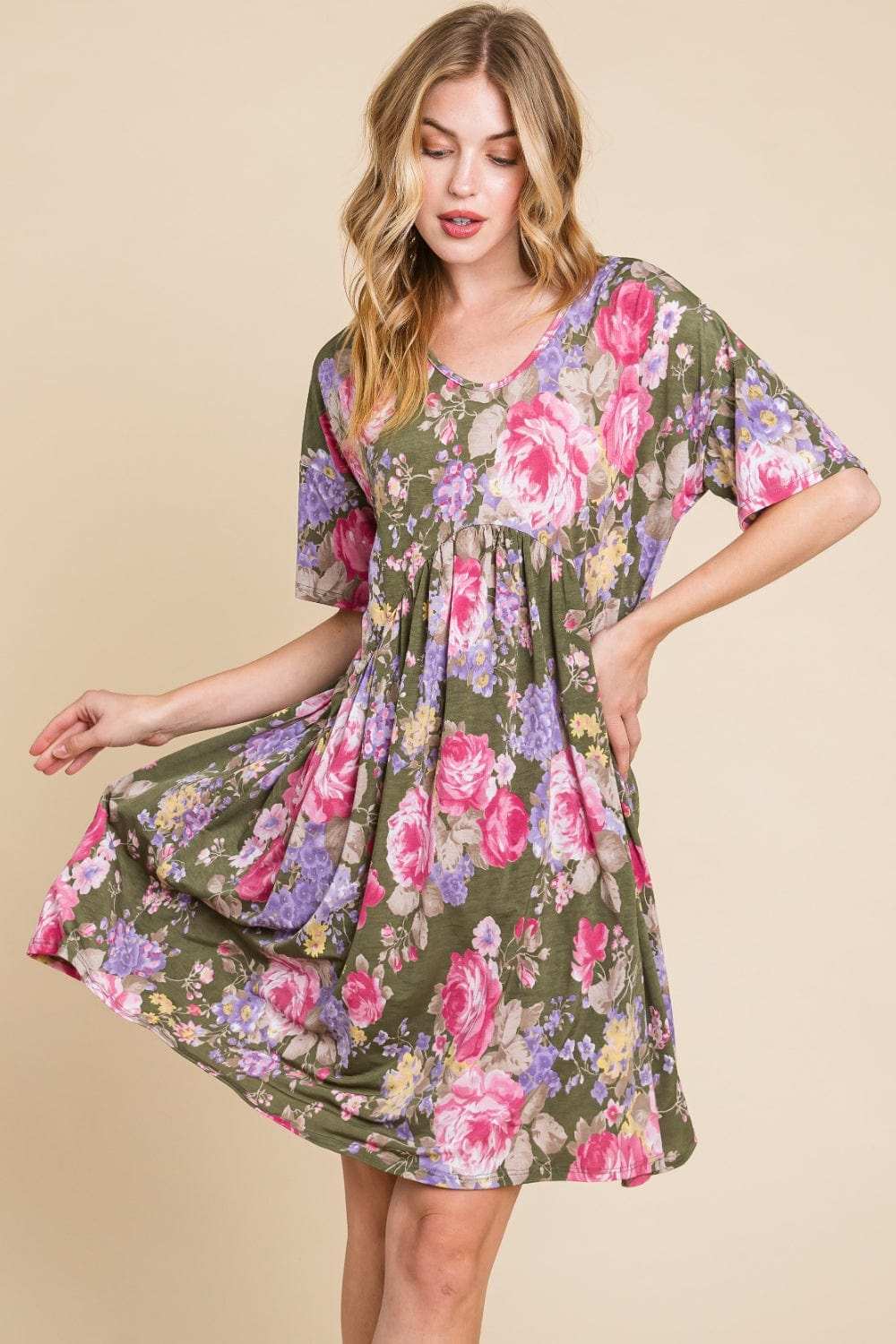BOMBOM Flower Print V-Neck Ruched Dress - Trendsi - Flyclothing LLC