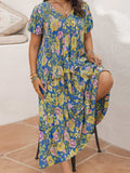 Plus Size Printed V-Neck Short Sleeve Maxi Dress - Trendsi - Flyclothing LLC