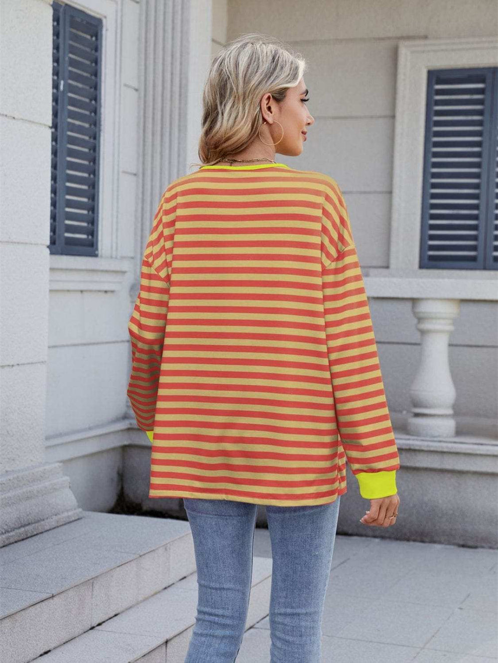 Lace-Up Striped Long Sleeve T-Shirt - Trendsi - Flyclothing LLC